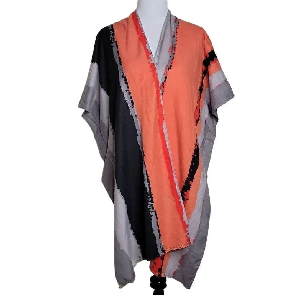 Janice Apparel Cotton Wool Kimono Wrap Black Orange Gray